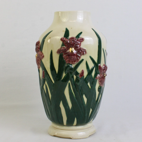 Unbranded Cream Ceramic Vase with Purple Iris and Green Stalks 9.5"