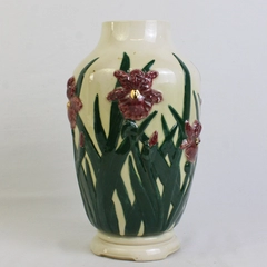 Unbranded Cream Ceramic Vase with Purple Iris and Green Stalks 9.5"