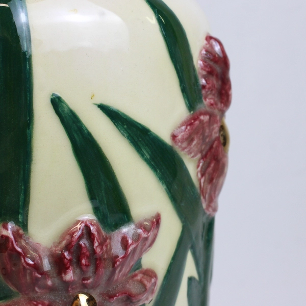 Unbranded Cream Ceramic Vase with Purple Iris and Green Stalks 9.5"