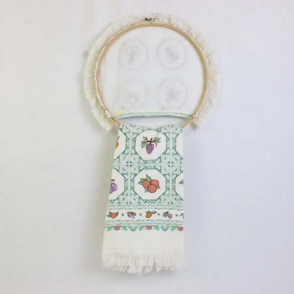 Cannon Kitchen Towel Mounted on an Embroidery Hoop with Quilted Fruit Design