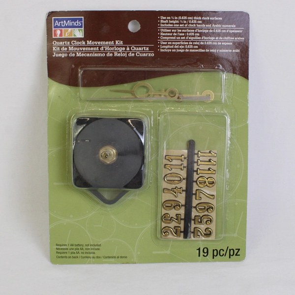 New in Pkg ArtMinds QUARTZ Clock Movement Kit 19 Piece For 1/4" Base Material