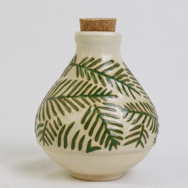 Small Leaf Design Pottery Jug Decanter Container with Cork Stopper 4.5"