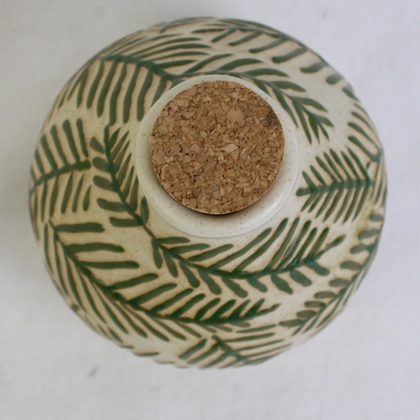 Small Leaf Design Pottery Jug Decanter Container with Cork Stopper 4.5"