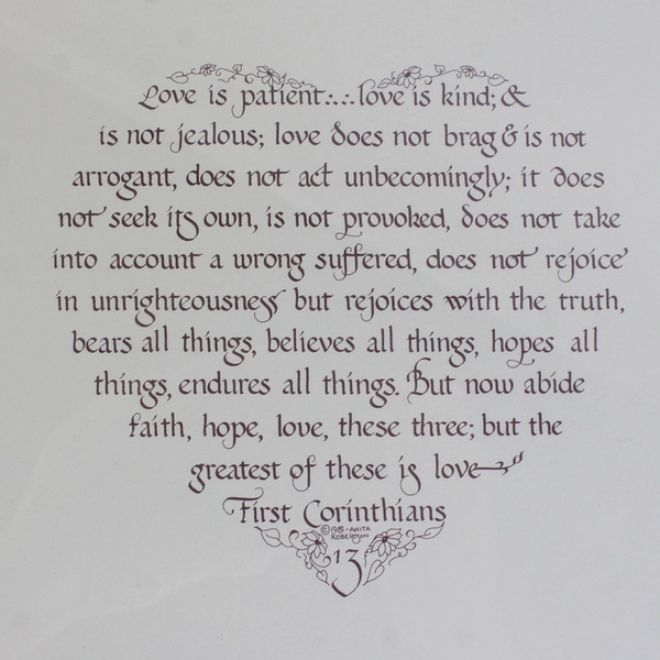 Anita Robertson Framed Numbered Art Print 1987 Calligraphy First Corinthians 13