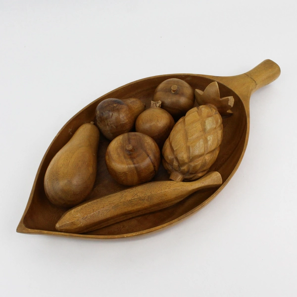 8-Piece Carved Monkey Pod Leaf-Shaped Wood Bowl With Fruit