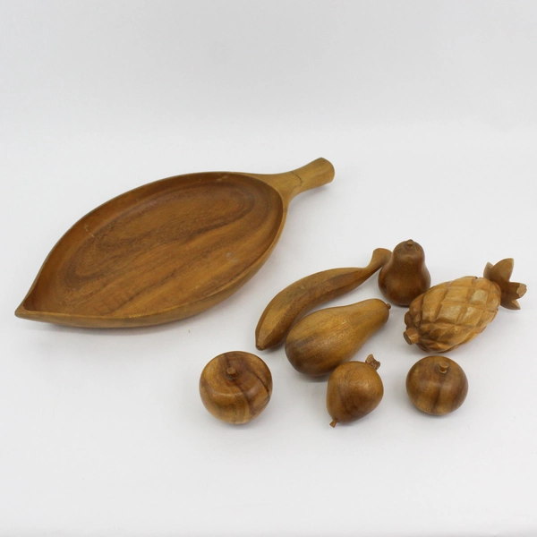 8-Piece Carved Monkey Pod Leaf-Shaped Wood Bowl With Fruit