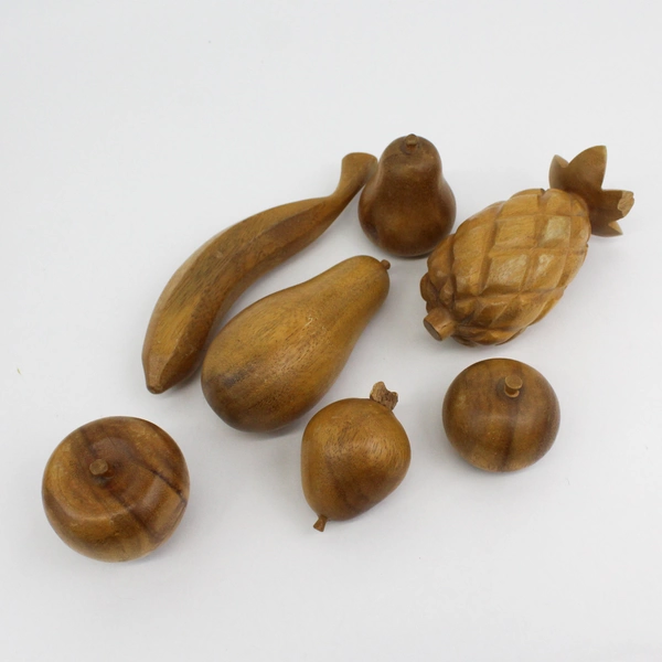8-Piece Carved Monkey Pod Leaf-Shaped Wood Bowl With Fruit