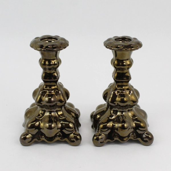 Set Of 2 Vintage Iridescent Dark Bronze Ceramic Taper Candle Holder 6.75" Tall