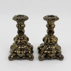 Set Of 2 Vintage Iridescent Dark Bronze Ceramic Taper Candle Holder 6.75" Tall