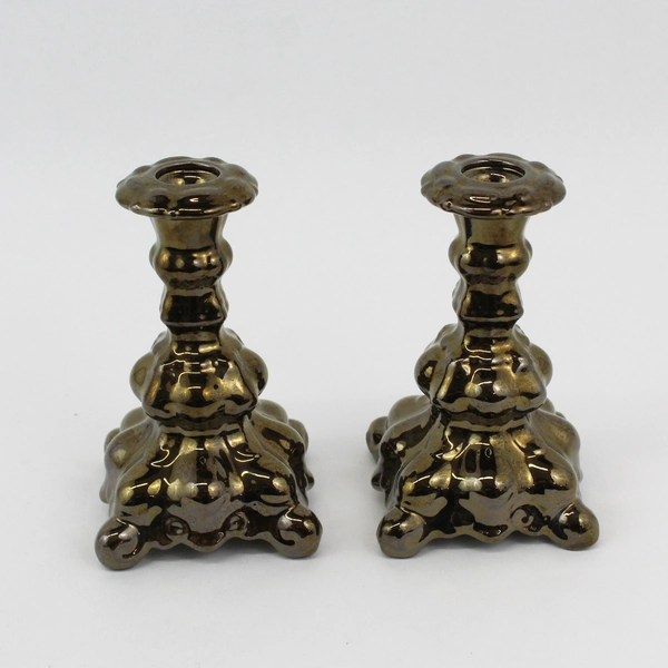 Set Of 2 Vintage Iridescent Dark Bronze Ceramic Taper Candle Holder 6.75" Tall