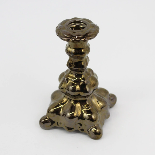 Set Of 2 Vintage Iridescent Dark Bronze Ceramic Taper Candle Holder 6.75" Tall