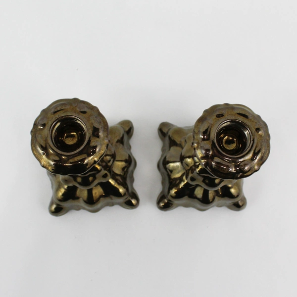 Set Of 2 Vintage Iridescent Dark Bronze Ceramic Taper Candle Holder 6.75" Tall