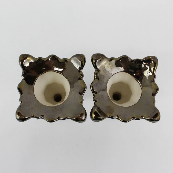 Set Of 2 Vintage Iridescent Dark Bronze Ceramic Taper Candle Holder 6.75" Tall