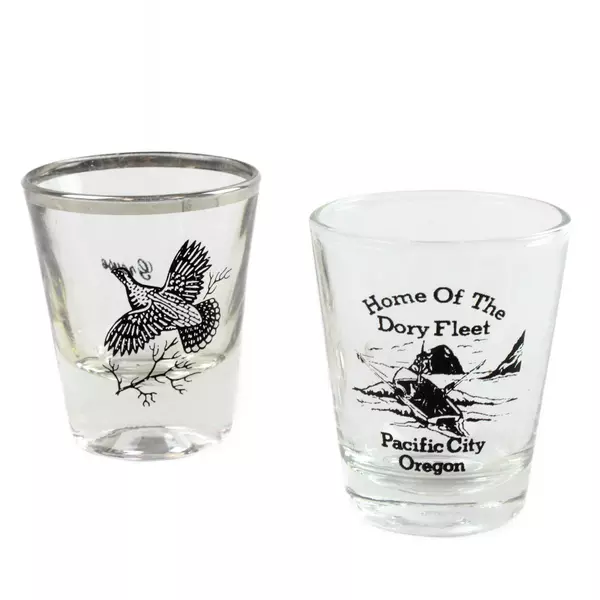 Lot of 2 Shot Glasses Home of the Dory Fleet & Grouse Vintage Used