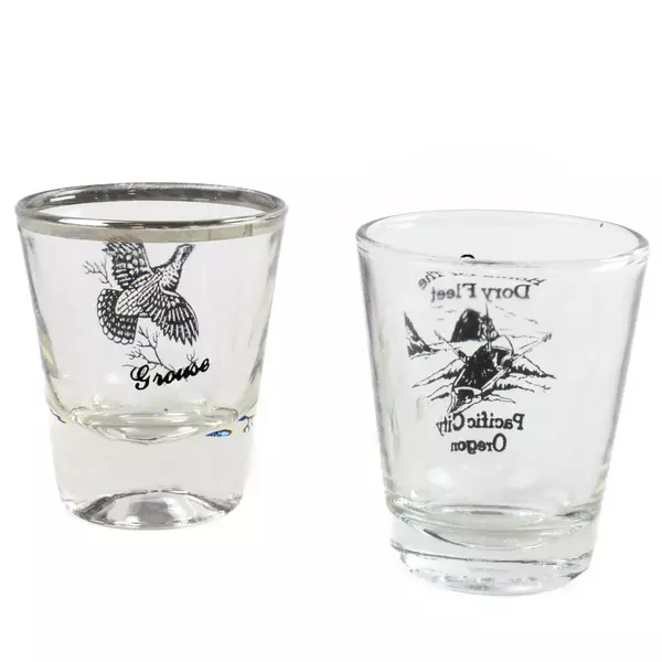 Lot of 2 Shot Glasses Home of the Dory Fleet & Grouse Vintage Used