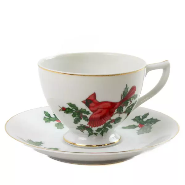 Lefton China Tea Cup & Saucer Cardinal Holly Berries Gold Trim Christmas
