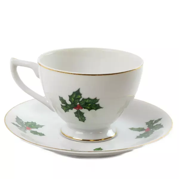 Lefton China Tea Cup & Saucer Cardinal Holly Berries Gold Trim Christmas