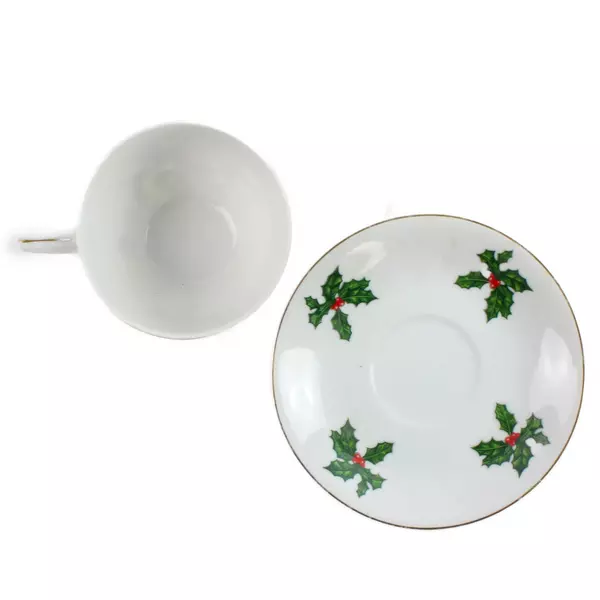 Lefton China Tea Cup & Saucer Cardinal Holly Berries Gold Trim Christmas