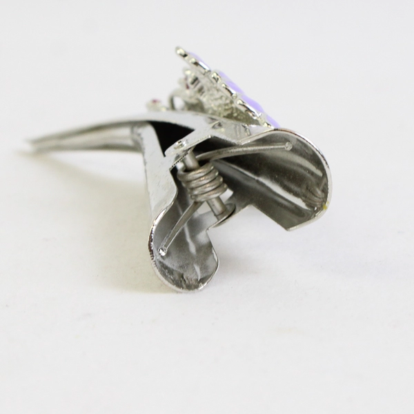 Rhinestone & Enameled Flower Butterfly Flowers Hair Clip Silver Toned Beret 