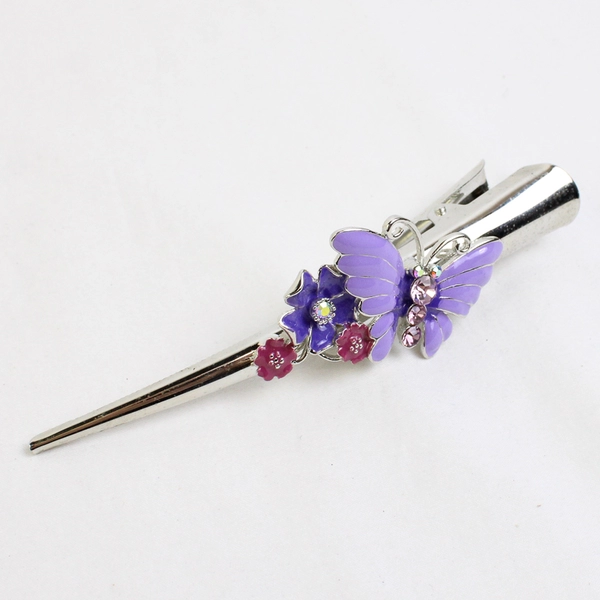 Rhinestone & Enameled Flower Butterfly Flowers Hair Clip Silver Toned Beret 