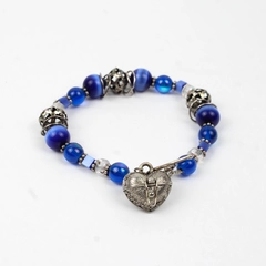 Blue Beaded Bracelet Silver Toned Heart Locket Pendant