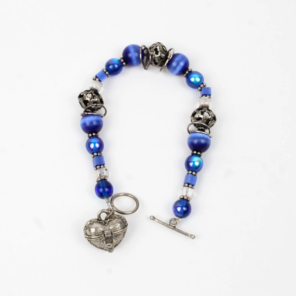 Blue Beaded Bracelet Silver Toned Heart Locket Pendant