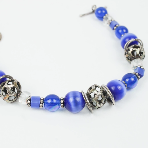 Blue Beaded Bracelet Silver Toned Heart Locket Pendant