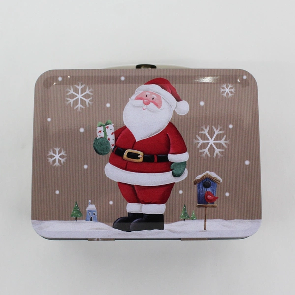 Vintage Small Metal Santa Claus Tan Lunchbox 5 1/2" X 4" X 2 1/2"