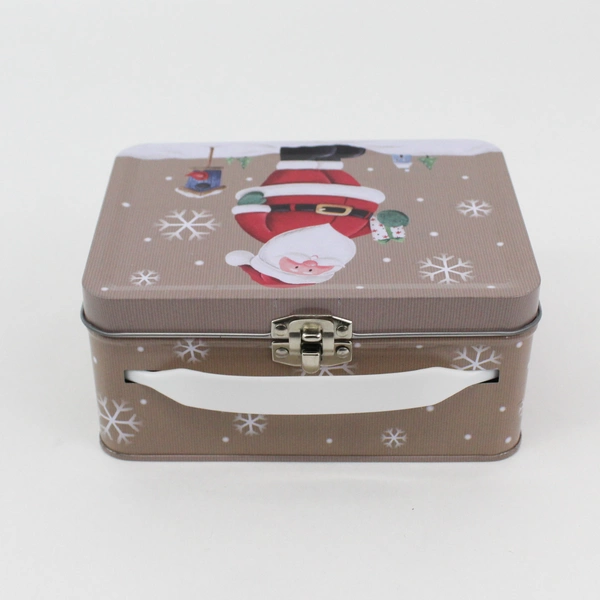 Vintage Small Metal Santa Claus Tan Lunchbox 5 1/2" X 4" X 2 1/2"