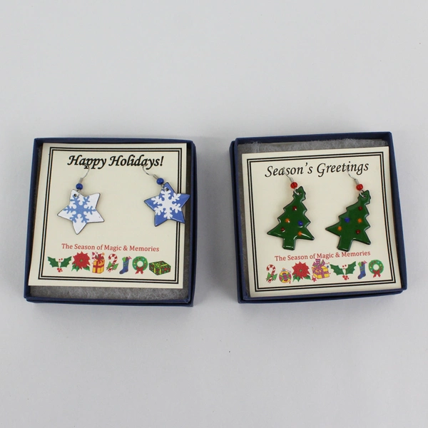 2 Sets of North Rain Handcrafted Enamel Earrings Christmas Trees And Stars