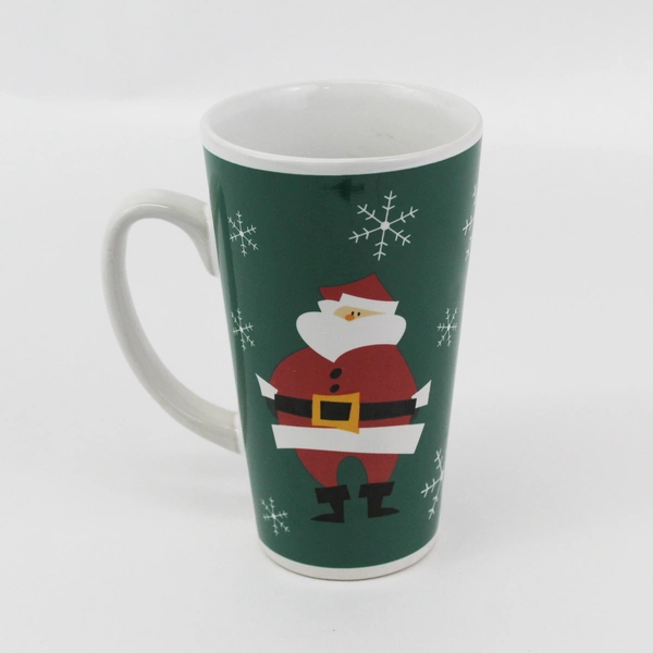 Tall 6 Inch Ceramic Santa Christmas Coffee Mug Green With White Snowflakes