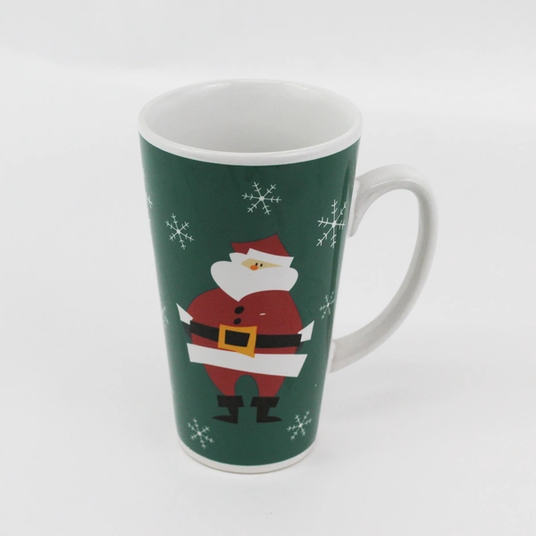 Tall 6 Inch Ceramic Santa Christmas Coffee Mug Green With White Snowflakes