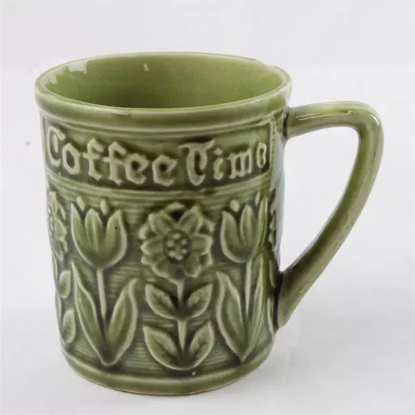 Vintage Green Relief Floral Ceramic Coffee Cup "Coffee Time" 3.5" 