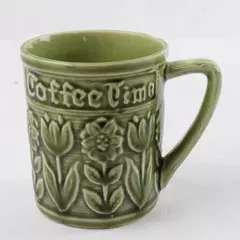 Vintage Green Relief Floral Ceramic Coffee Cup "Coffee Time" 3.5" 