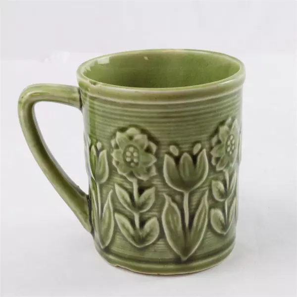 Vintage Green Relief Floral Ceramic Coffee Cup "Coffee Time" 3.5" 