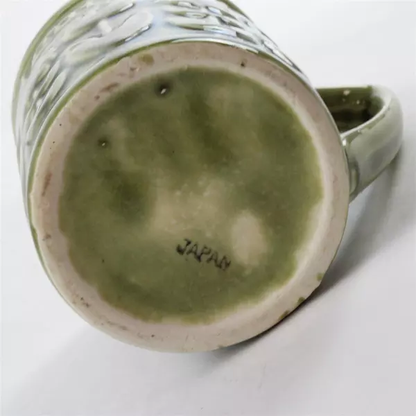 Vintage Green Relief Floral Ceramic Coffee Cup "Coffee Time" 3.5" 