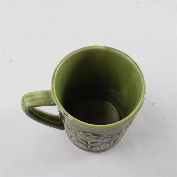 Vintage Green Relief Floral Ceramic Coffee Cup "Coffee Time" 3.5" 