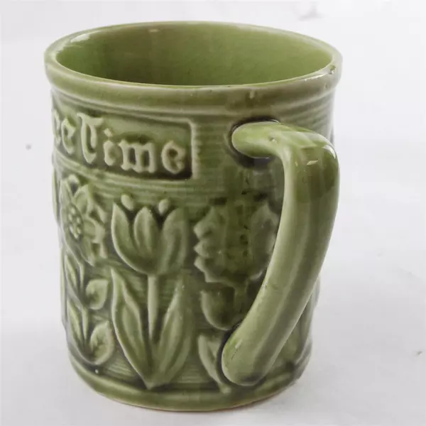 Vintage Green Relief Floral Ceramic Coffee Cup "Coffee Time" 3.5" 