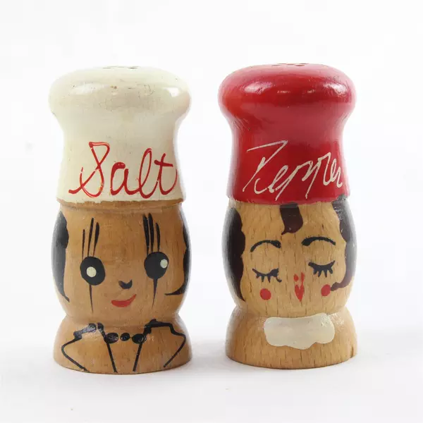 Vintage Wooden Boy & Girl Chef Salt Pepper Shakers Hand-Painted