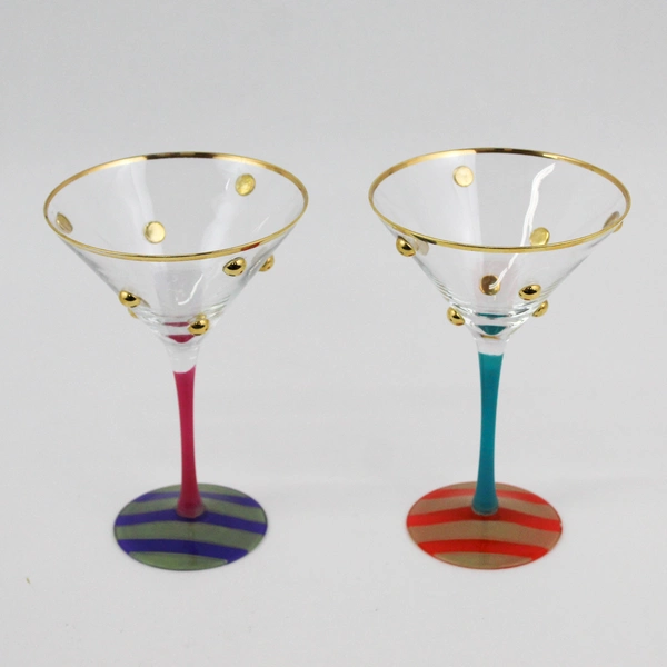 Set of 2 Hand Painted Martini Glasses Gold Applied Dots Striped Bases