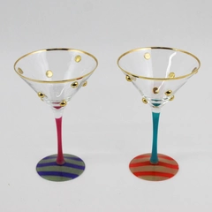 Set of 2 Hand Painted Martini Glasses Gold Applied Dots Striped Bases