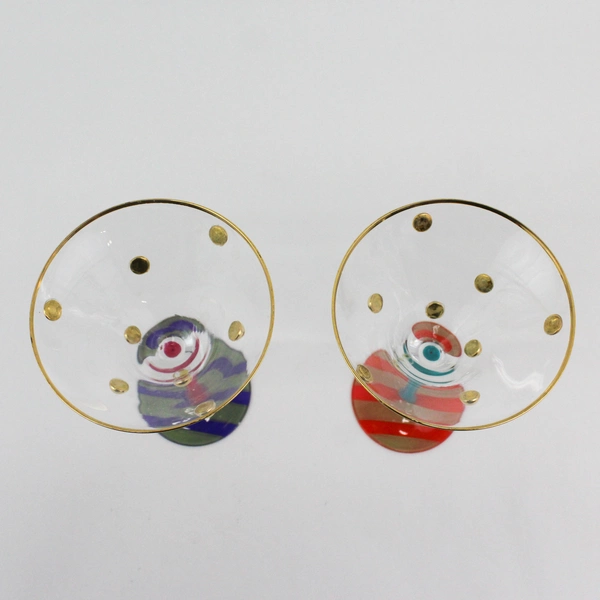 Set of 2 Hand Painted Martini Glasses Gold Applied Dots Striped Bases