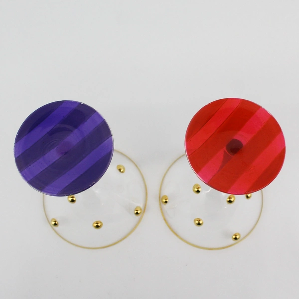 Set of 2 Hand Painted Martini Glasses Gold Applied Dots Striped Bases