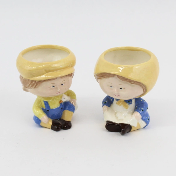 Vintage Pair Of Ceramic Country Boy And Girl Candle Holders Or Planters