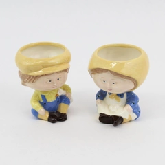Vintage Pair Of Ceramic Country Boy And Girl Candle Holders Or Planters