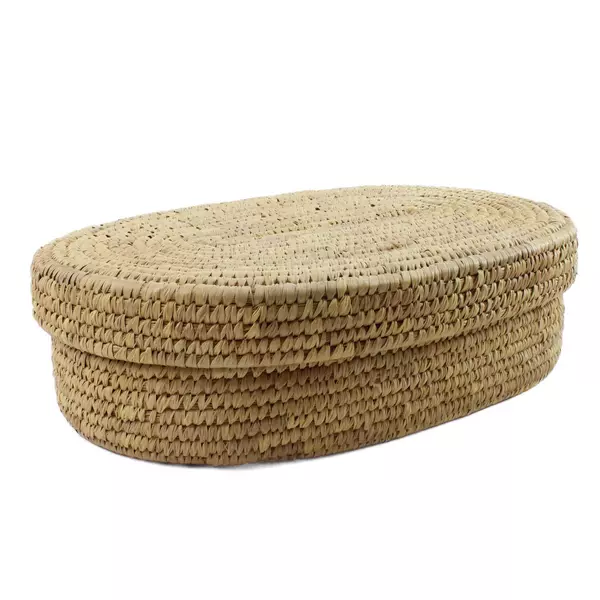 Woven Lidded Oval Basket 13.5" x 9" x 4" Sturdy Decorative Storage