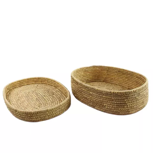 Woven Lidded Oval Basket 13.5" x 9" x 4" Sturdy Decorative Storage