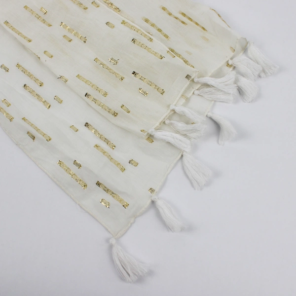 Collection Eighteen White and Gold Metallic Scarf with Tassels 22" x 70"