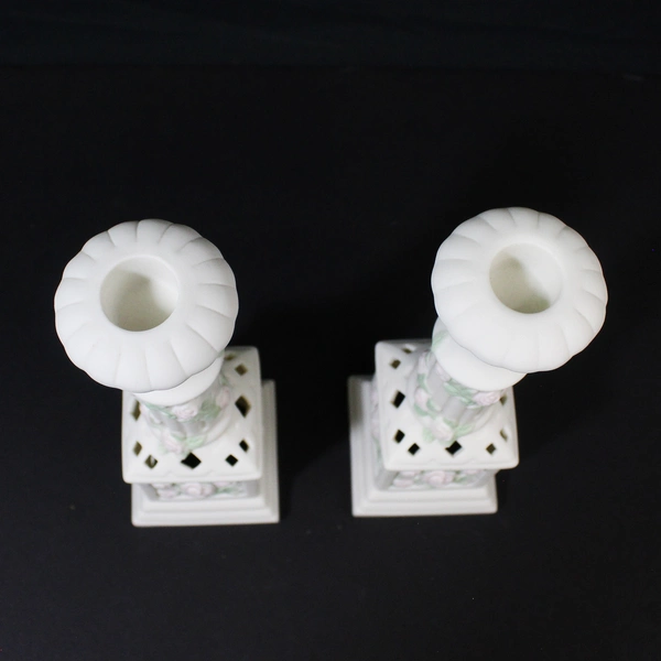 Avon Gift Collection Bisque Rose Taper Candle Holders