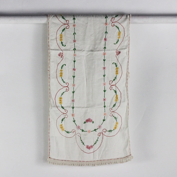 Vintage Floral Embroidered White Dresser Scarf 14" x 40" FLAWED